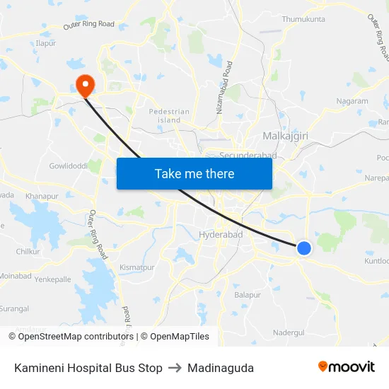 Kamineni Hospital Bus Stop to Madinaguda map