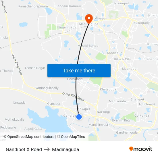 Gandipet X Road to Madinaguda map