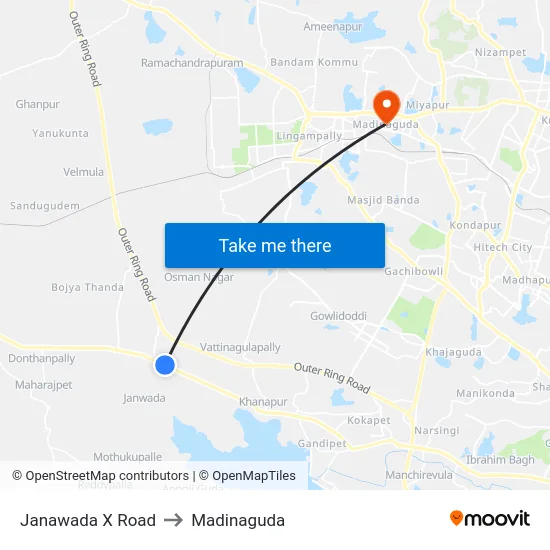 Janawada X Road to Madinaguda map