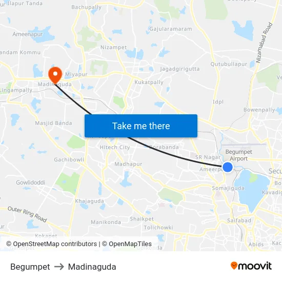 Begumpet to Madinaguda map