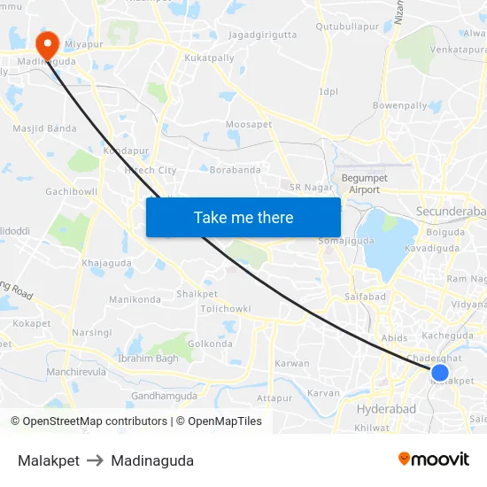 Malakpet to Madinaguda map