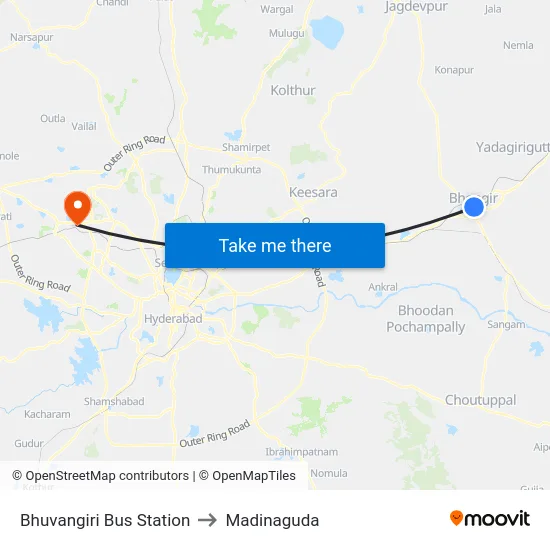Bhuvangiri Bus Station to Madinaguda map