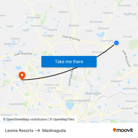 Leonia Resorts to Madinaguda map