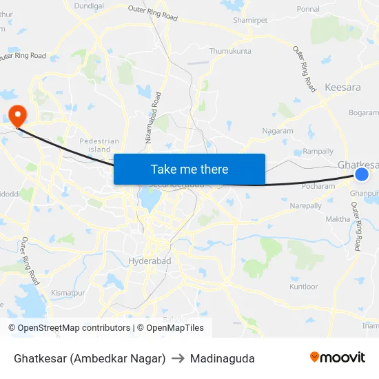 Ghatkesar (Ambedkar Nagar) to Madinaguda map