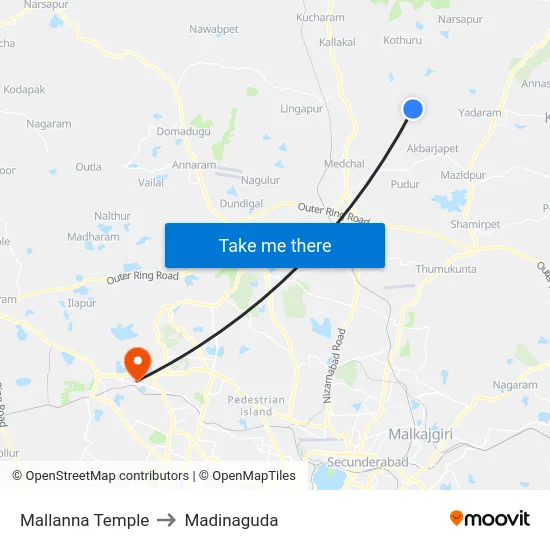 Mallanna Temple to Madinaguda map