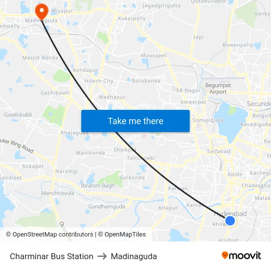 Charminar Bus Station to Madinaguda map
