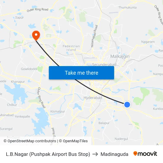 L.B.Nagar (Pushpak Airport Bus Stop) to Madinaguda map