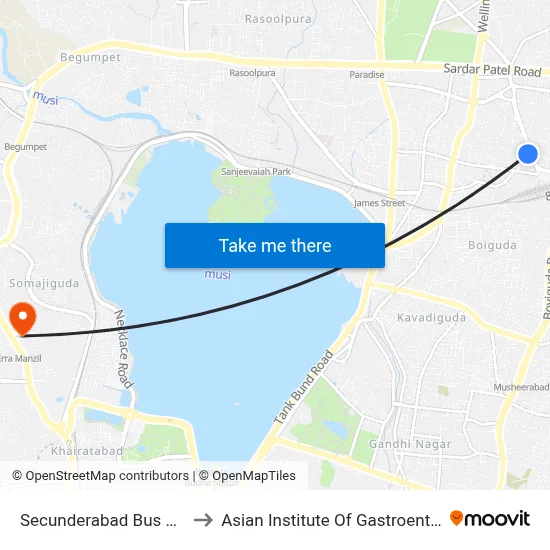 Secunderabad Bus Station to Asian Institute Of Gastroenterology map