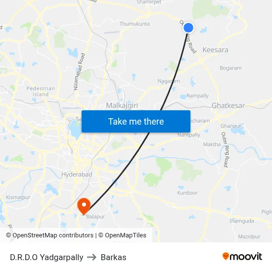 D.R.D.O Yadgarpally to Barkas map