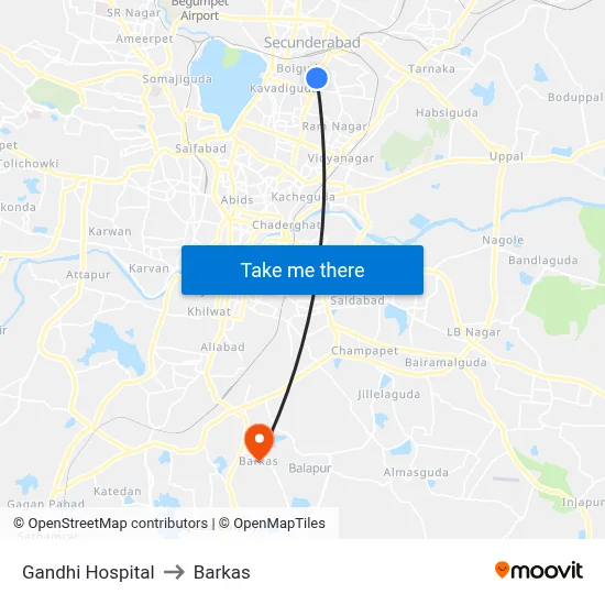 Gandhi Hospital to Barkas map
