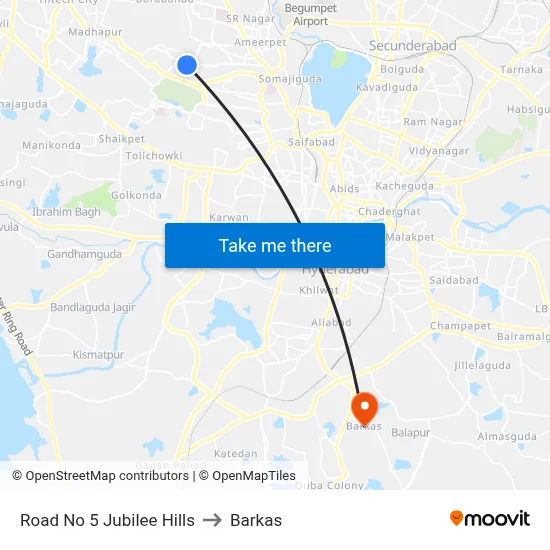 Road No 5 Jubilee Hills to Barkas map