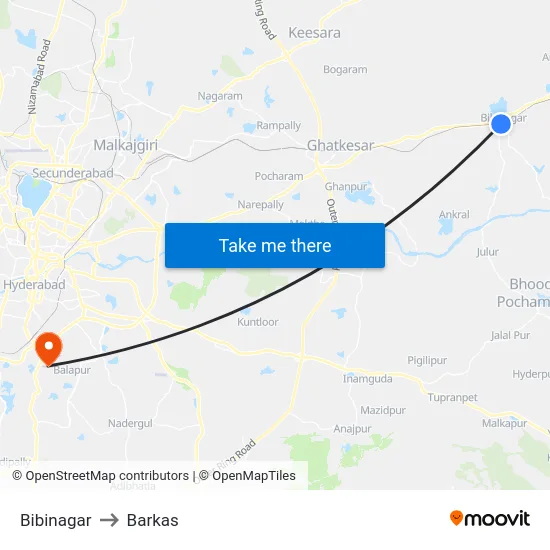 Bibinagar to Barkas map