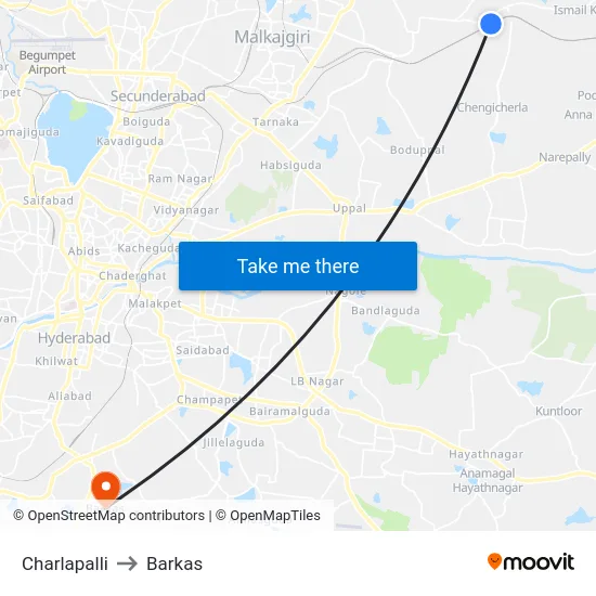 Charlapalli to Barkas map