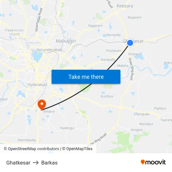 Ghatkesar to Barkas map