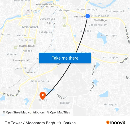 T.V.Tower / Moosaram Bagh to Barkas map