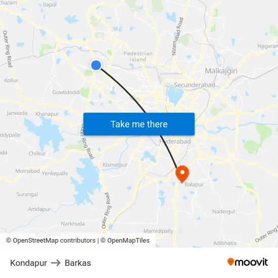 Kondapur to Barkas map