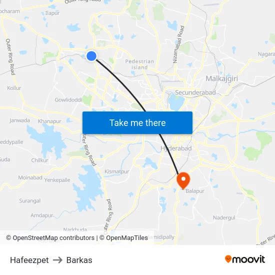 Hafeezpet to Barkas map