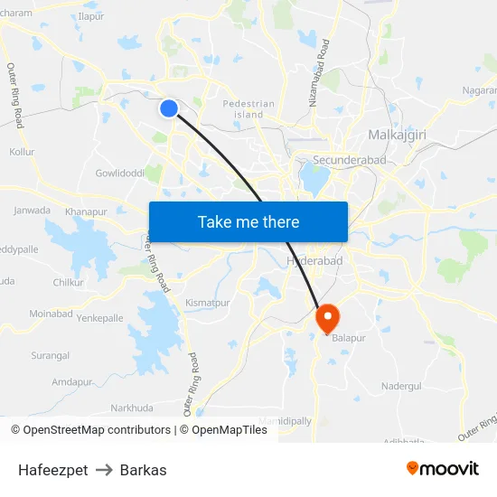Hafeezpet to Barkas map
