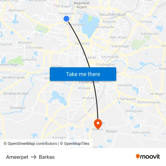 Ameerpet to Barkas map