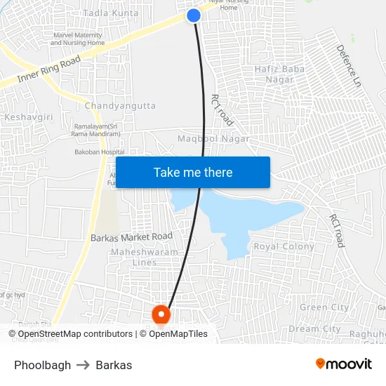 Phoolbagh to Barkas map