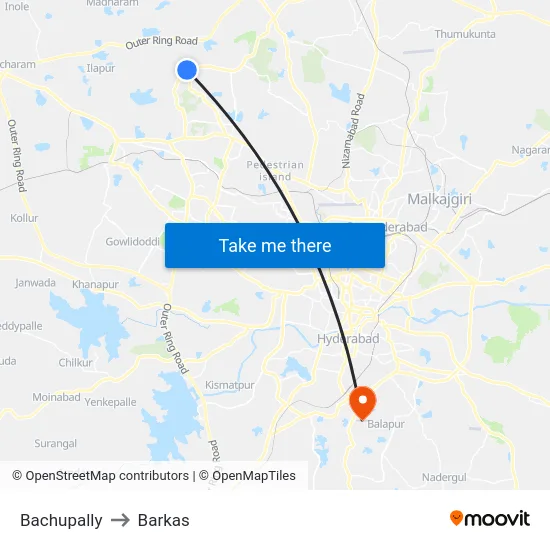 Bachupally to Barkas map