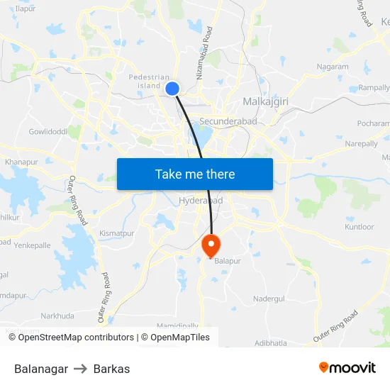 Balanagar to Barkas map