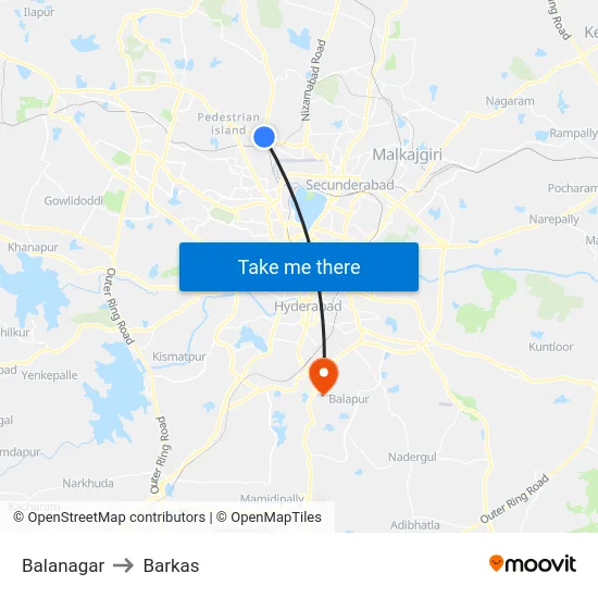 Balanagar to Barkas map