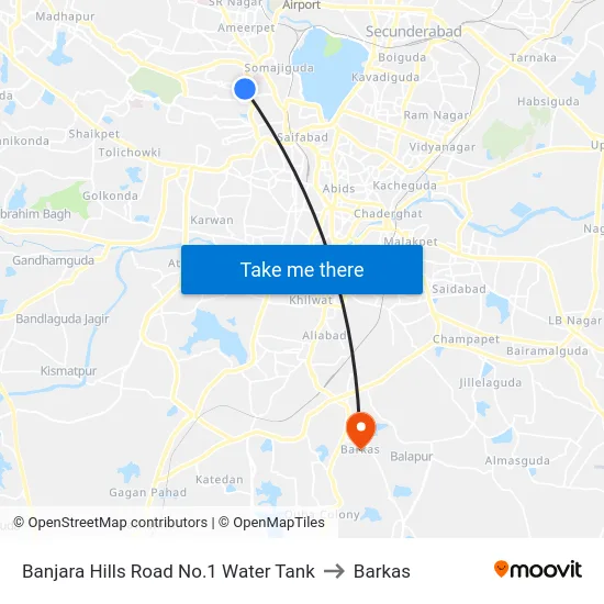 Banjara Hills Road No.1 Water Tank to Barkas map