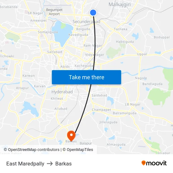 East Maredpally to Barkas map