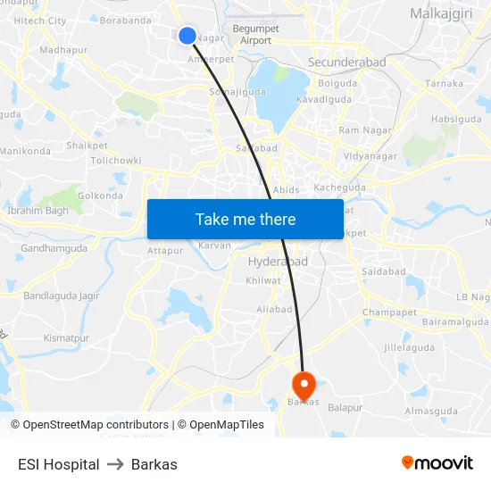 ESI Hospital to Barkas map