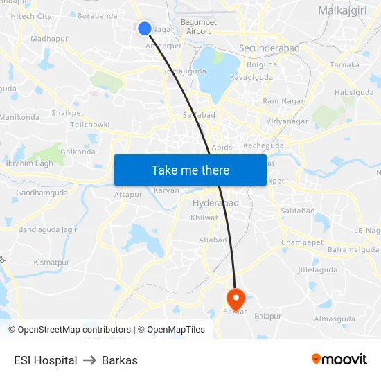 ESI Hospital to Barkas map