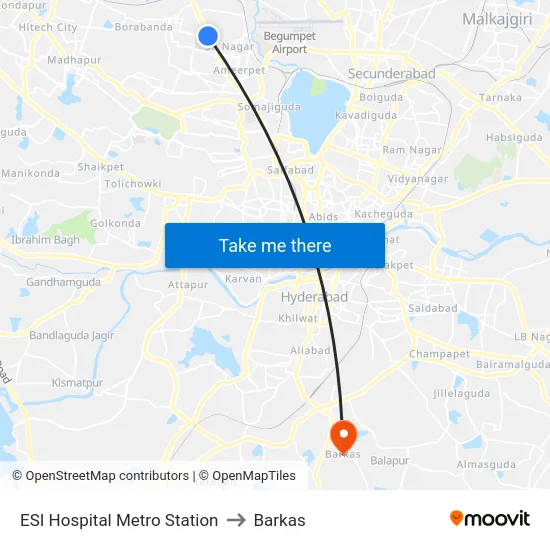 ESI Hospital Metro Station to Barkas map