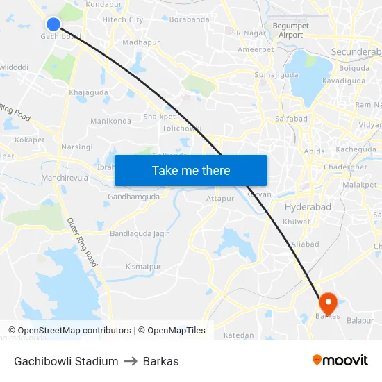 Gachibowli Stadium to Barkas map