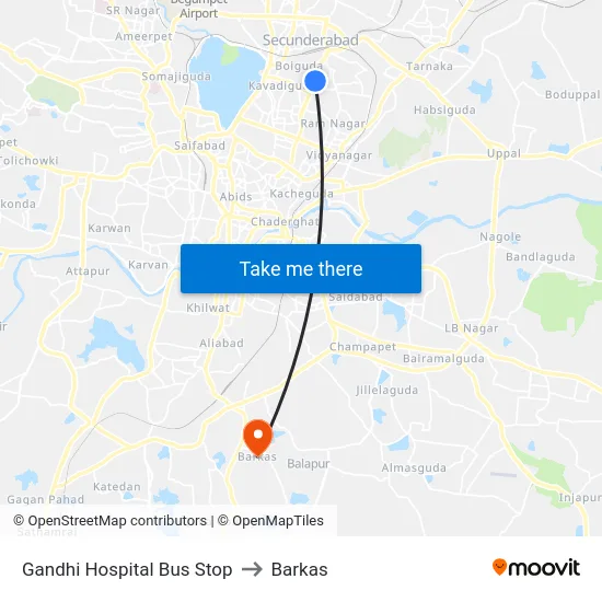 Gandhi Hospital Bus Stop to Barkas map