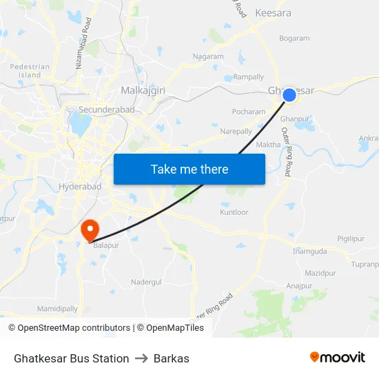 Ghatkesar Bus Station to Barkas map