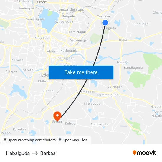 Habsiguda to Barkas map