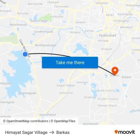 Himayat Sagar Village to Barkas map