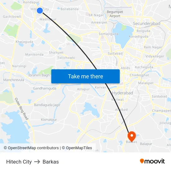 Hitech City to Barkas map