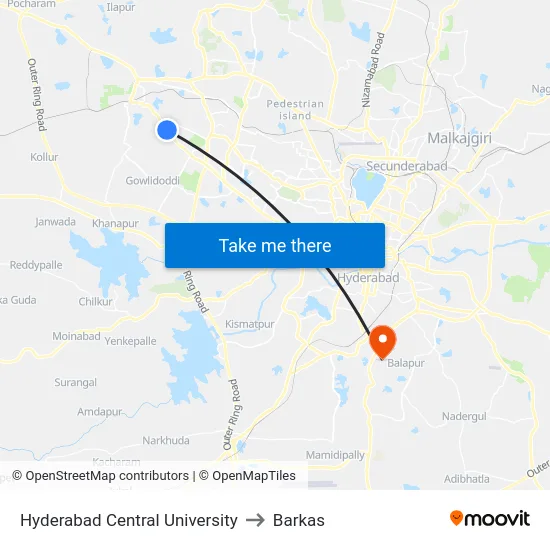 Hyderabad Central University to Barkas map