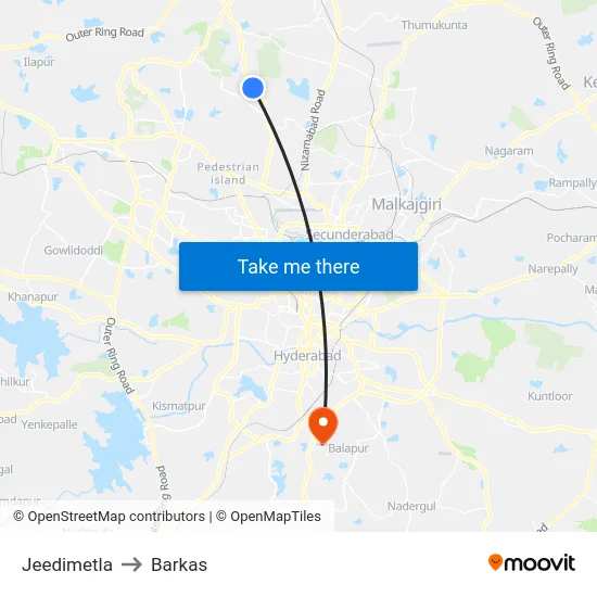 Jeedimetla to Barkas map