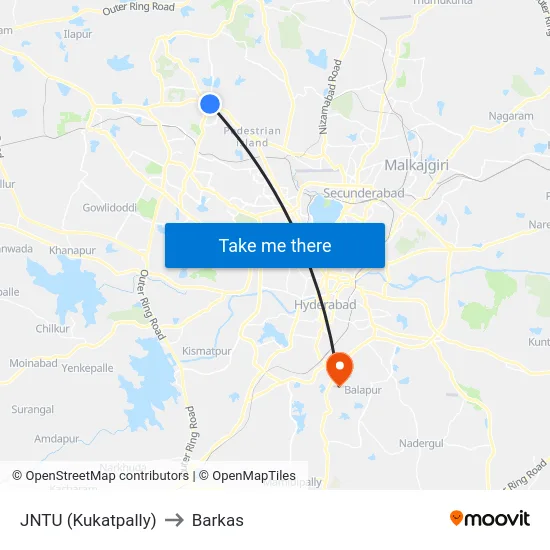 JNTU (Kukatpally) to Barkas map