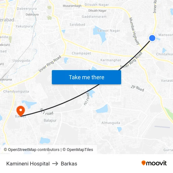 Kamineni Hospital to Barkas map