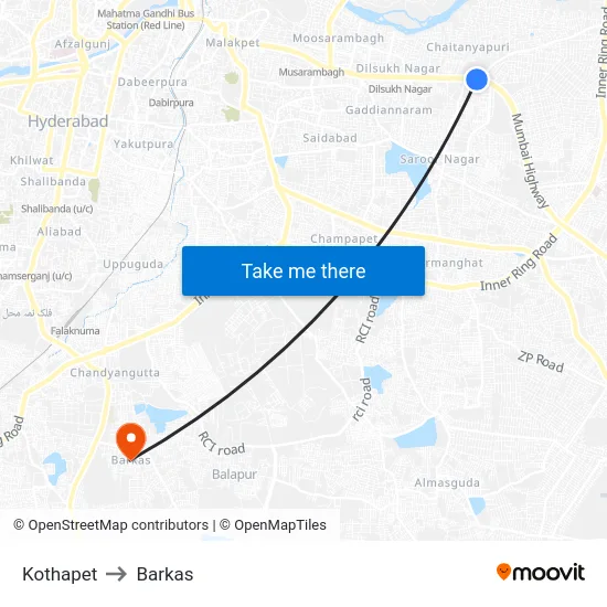 Kothapet to Barkas map