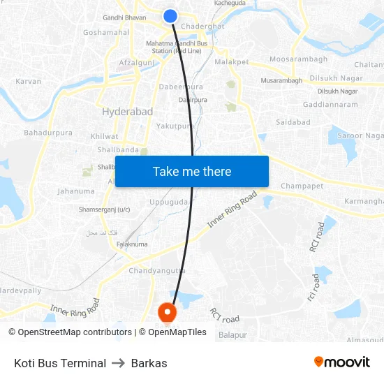 Koti Bus Terminal to Barkas map