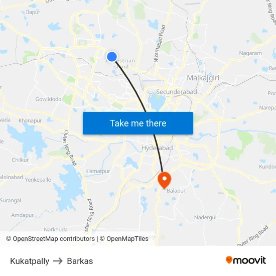 Kukatpally to Barkas map