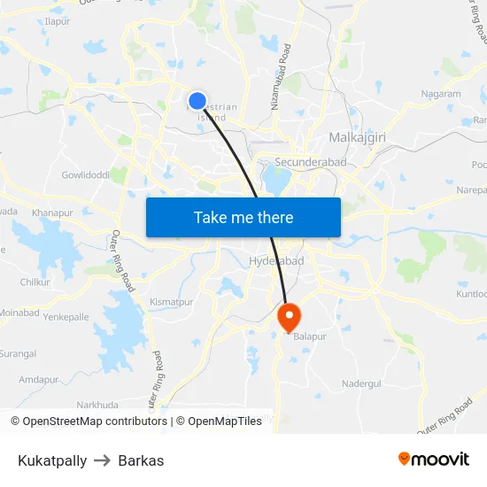 Kukatpally to Barkas map