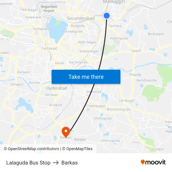 Lalaguda Bus Stop to Barkas map