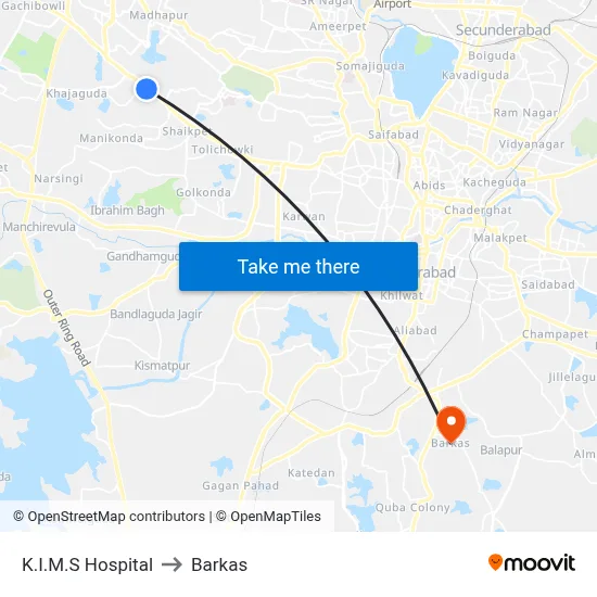 K.I.M.S Hospital to Barkas map