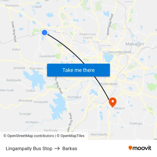 Lingampally Bus Stop to Barkas map