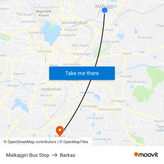 Malkajgiri Bus Stop to Barkas map
